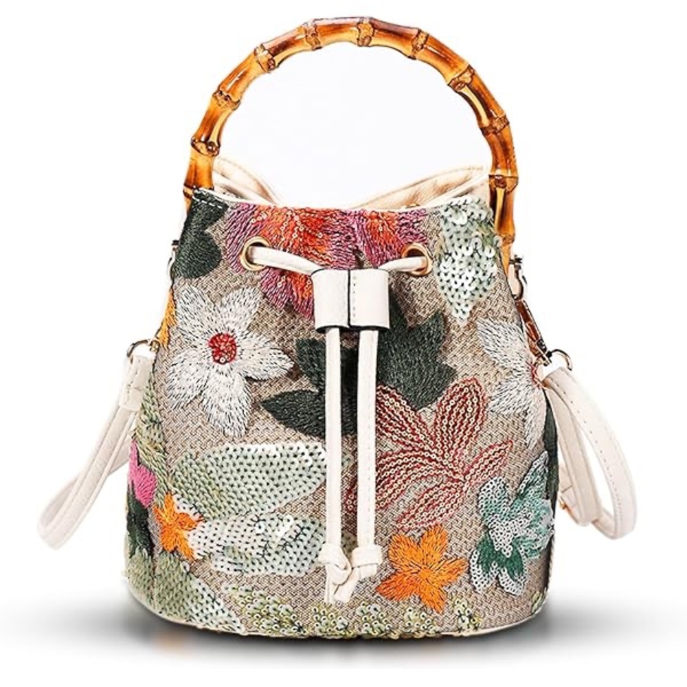 NWOT Embroidered Sequin Floral Drawstring Mini Bag with Bamboo Handle - Beige